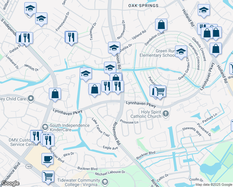 map of restaurants, bars, coffee shops, grocery stores, and more near Lynnhaven Parkway in Virginia Beach