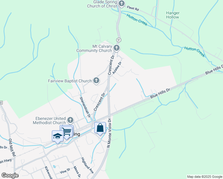 map of restaurants, bars, coffee shops, grocery stores, and more near 351 North Monte Vista Drive in Glade Spring