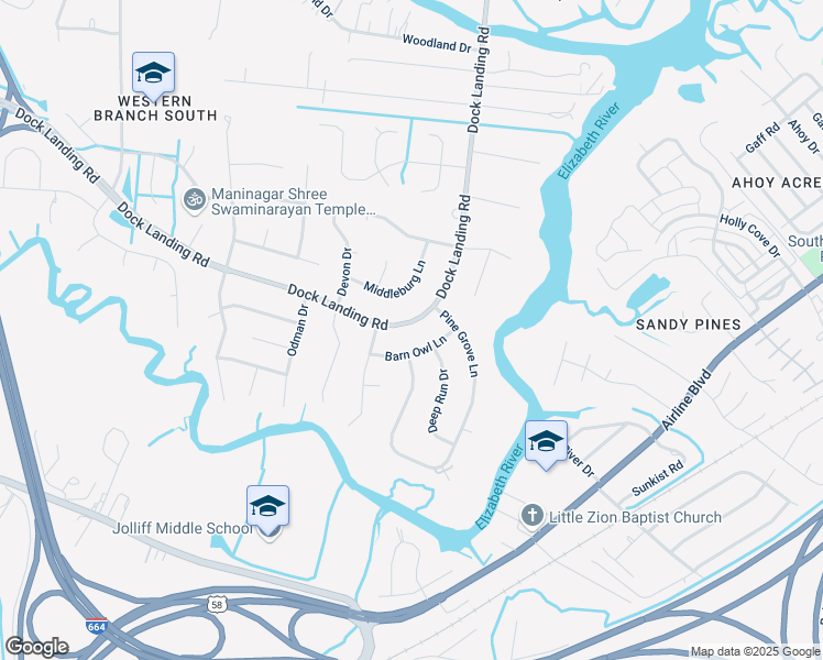 map of restaurants, bars, coffee shops, grocery stores, and more near 1611 Dock Landing Road in Chesapeake