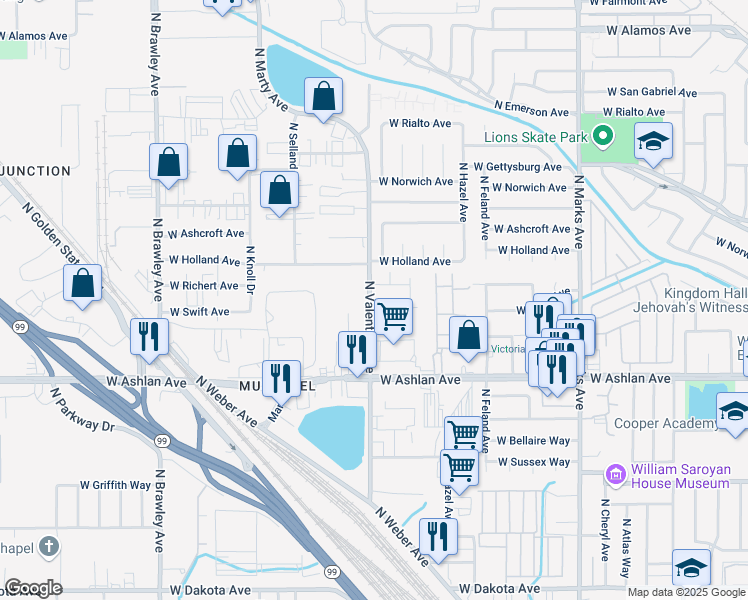 map of restaurants, bars, coffee shops, grocery stores, and more near 4150 North Valentine Avenue in Fresno