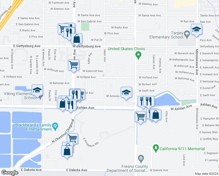 map of restaurants, bars, coffee shops, grocery stores, and more near 3070 Cindy Avenue in Clovis