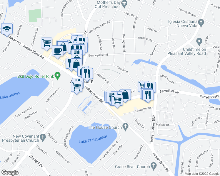 map of restaurants, bars, coffee shops, grocery stores, and more near 1449 Talisman Circle in Virginia Beach