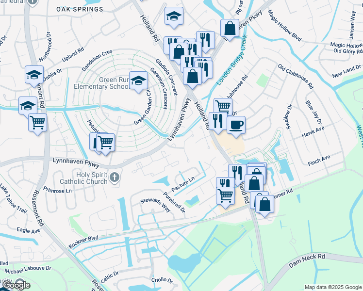 map of restaurants, bars, coffee shops, grocery stores, and more near 1280 Green Cedar Ln in Virginia Beach