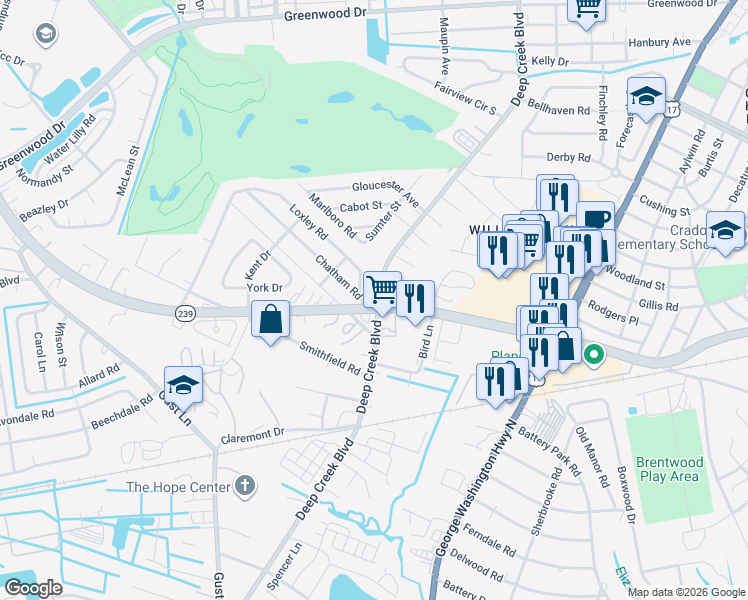 map of restaurants, bars, coffee shops, grocery stores, and more near 4832E Deep Creek Boulevard in Portsmouth
