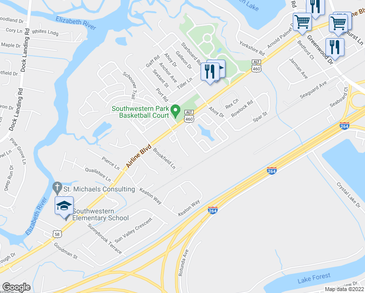 map of restaurants, bars, coffee shops, grocery stores, and more near 3824 Maplefield Drive in Chesapeake