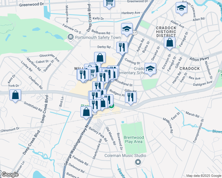 map of restaurants, bars, coffee shops, grocery stores, and more near 5 Rodgers Place in Portsmouth