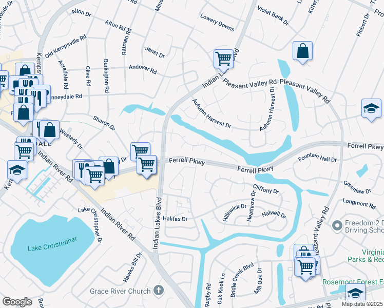 map of restaurants, bars, coffee shops, grocery stores, and more near 1516 Mitcham Court in Virginia Beach