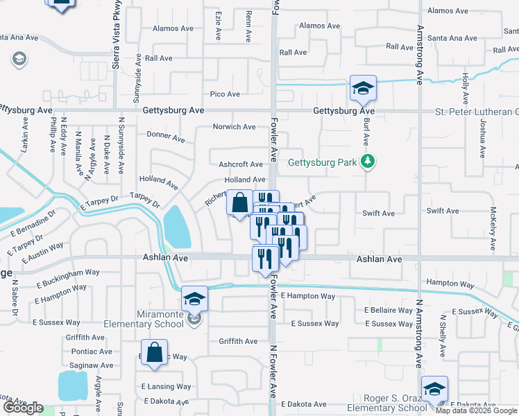 map of restaurants, bars, coffee shops, grocery stores, and more near 3082 Shirley Avenue in Clovis