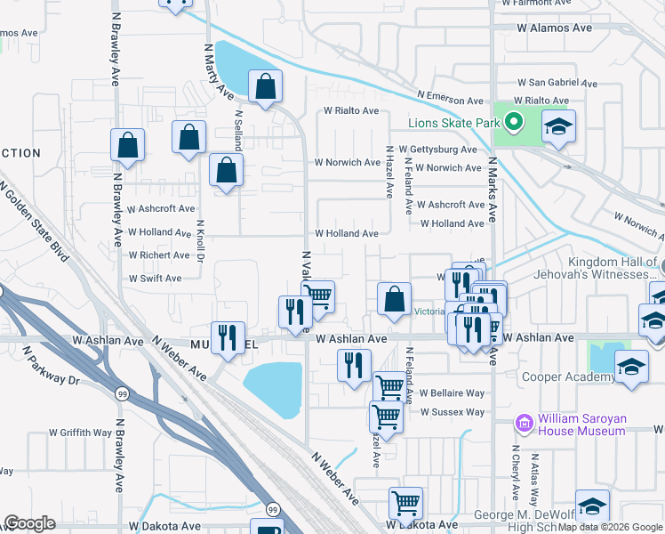 map of restaurants, bars, coffee shops, grocery stores, and more near 4120 North Valentine Avenue in Fresno