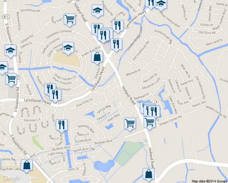 map of restaurants, bars, coffee shops, grocery stores, and more near 1325 White Birch Lane in Virginia Beach