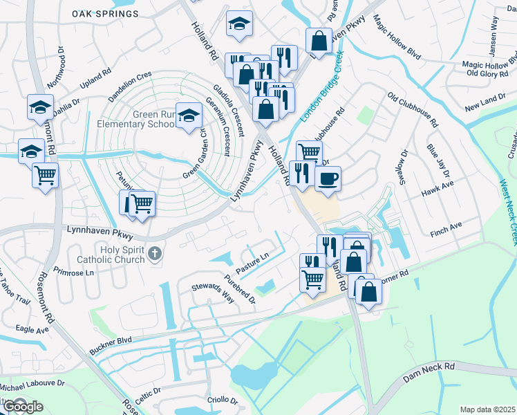 map of restaurants, bars, coffee shops, grocery stores, and more near 1245 Green Cedar Lane in Virginia Beach