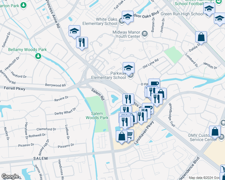 map of restaurants, bars, coffee shops, grocery stores, and more near 4350 Trafton Arch in Virginia Beach