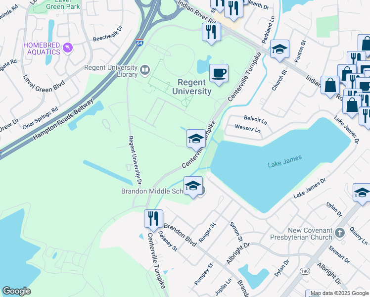 map of restaurants, bars, coffee shops, grocery stores, and more near 1320 Regent University Drive in Virginia Beach