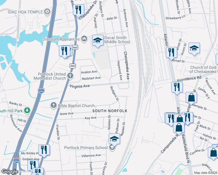 map of restaurants, bars, coffee shops, grocery stores, and more near 1154 Virginia Avenue in Chesapeake