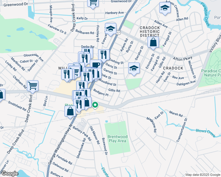 map of restaurants, bars, coffee shops, grocery stores, and more near 30 Woodland Street in Portsmouth