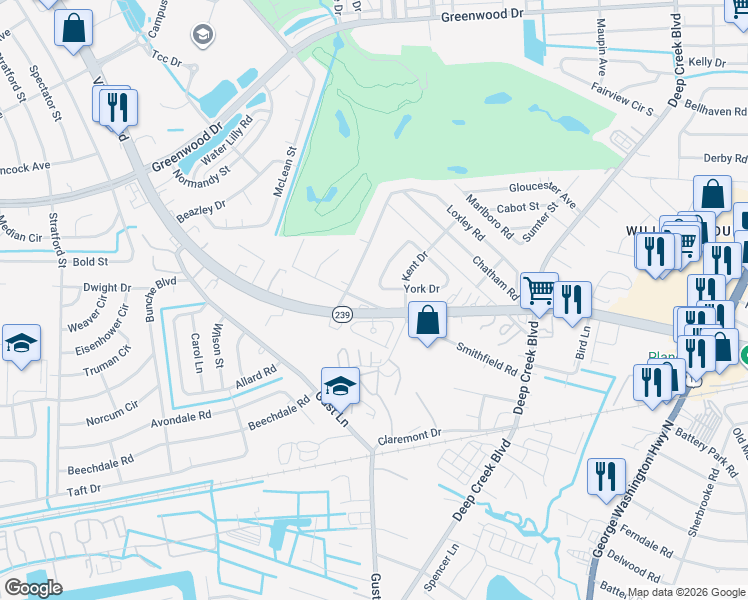 map of restaurants, bars, coffee shops, grocery stores, and more near 2932 Smithfield Road in Portsmouth