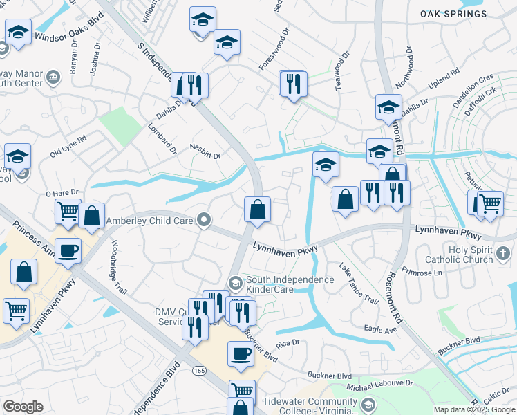 map of restaurants, bars, coffee shops, grocery stores, and more near 4625 South Independence Boulevard in Virginia Beach