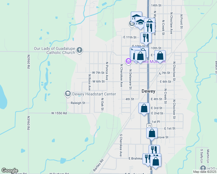 map of restaurants, bars, coffee shops, grocery stores, and more near 504 North Ponca Avenue in Dewey