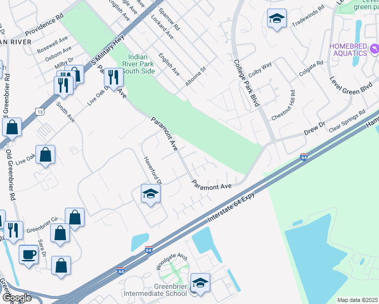 map of restaurants, bars, coffee shops, grocery stores, and more near 12 Corby Cir in Chesapeake