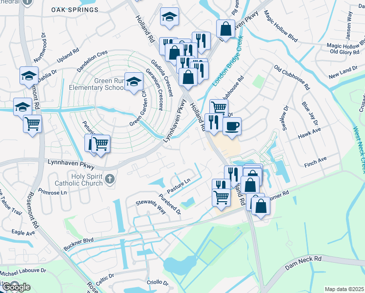 map of restaurants, bars, coffee shops, grocery stores, and more near 1257 Green Cedar Lane in Virginia Beach