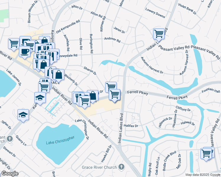 map of restaurants, bars, coffee shops, grocery stores, and more near 1433 Watercrest Court in Virginia Beach
