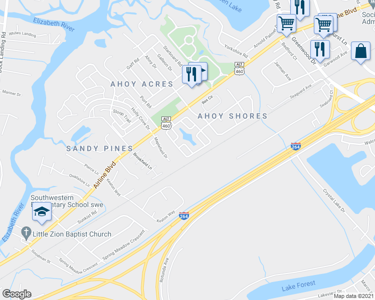 map of restaurants, bars, coffee shops, grocery stores, and more near 3606 Dock Point Arch in Chesapeake
