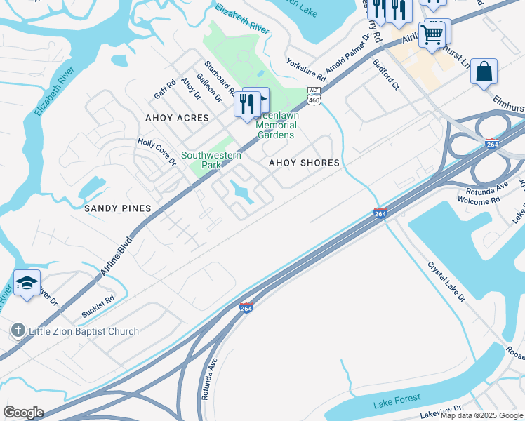 map of restaurants, bars, coffee shops, grocery stores, and more near 4036 River Breeze Circle in Chesapeake