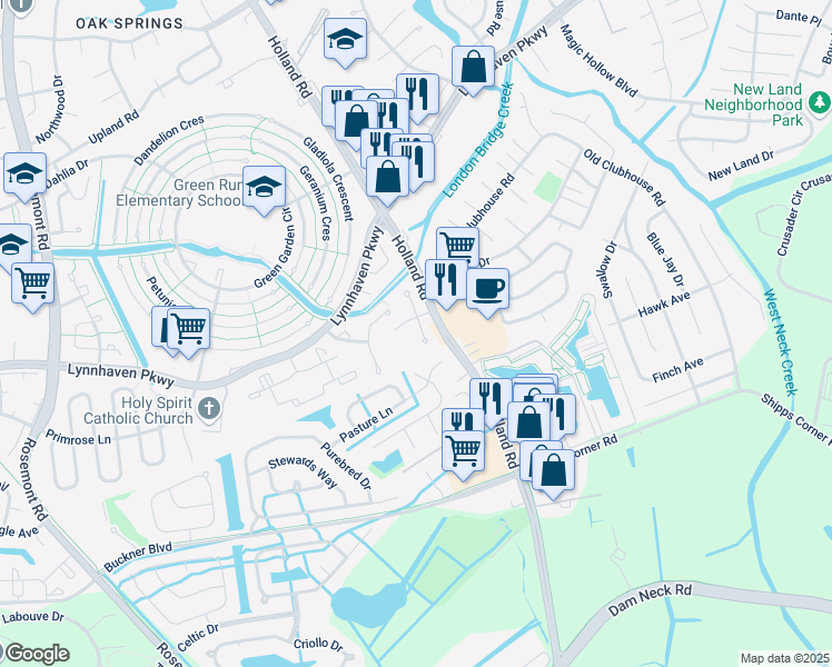 map of restaurants, bars, coffee shops, grocery stores, and more near 1325 White Birch Lane in Virginia Beach