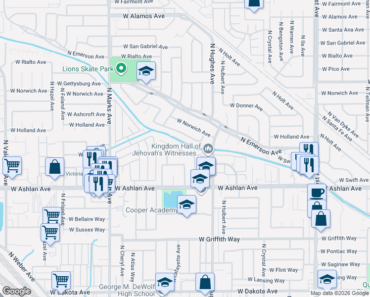 map of restaurants, bars, coffee shops, grocery stores, and more near 2336 West Holland Avenue in Fresno
