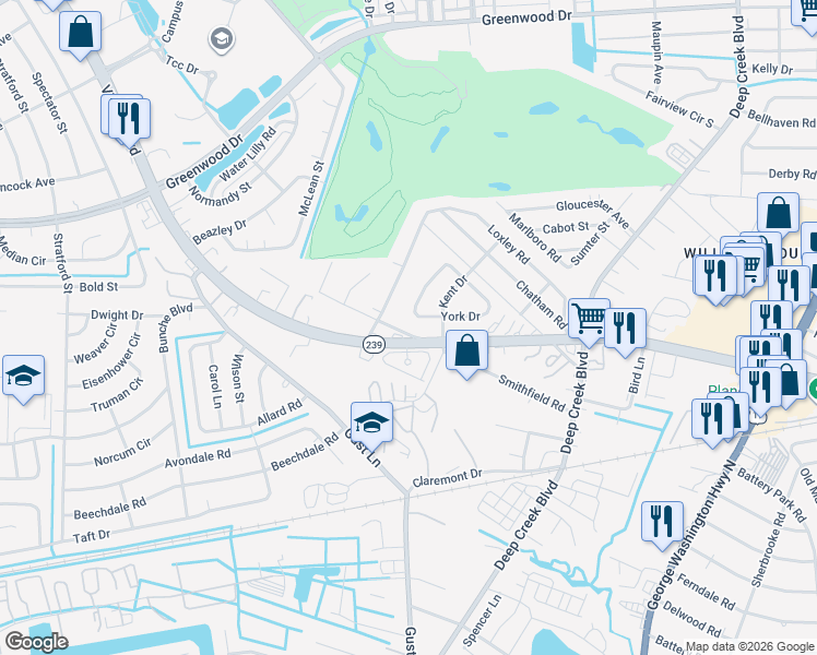map of restaurants, bars, coffee shops, grocery stores, and more near 2932 Smithfield Road in Portsmouth