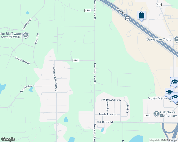 map of restaurants, bars, coffee shops, grocery stores, and more near 72 County Road 4413 in Poplar Bluff