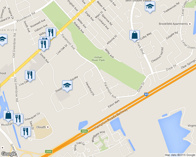 map of restaurants, bars, coffee shops, grocery stores, and more near 916 Hastings Ct in Chesapeake