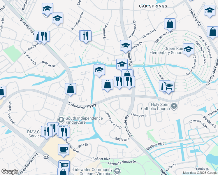map of restaurants, bars, coffee shops, grocery stores, and more near 1587 Crescent Pointe Lane in Virginia Beach