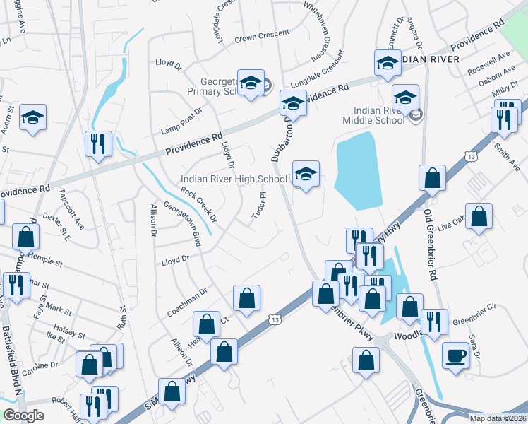 map of restaurants, bars, coffee shops, grocery stores, and more near 313 Tudor Place in Chesapeake