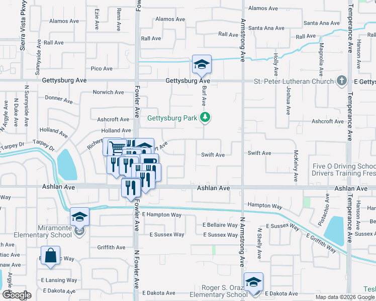 map of restaurants, bars, coffee shops, grocery stores, and more near 3064 Burl Avenue in Clovis