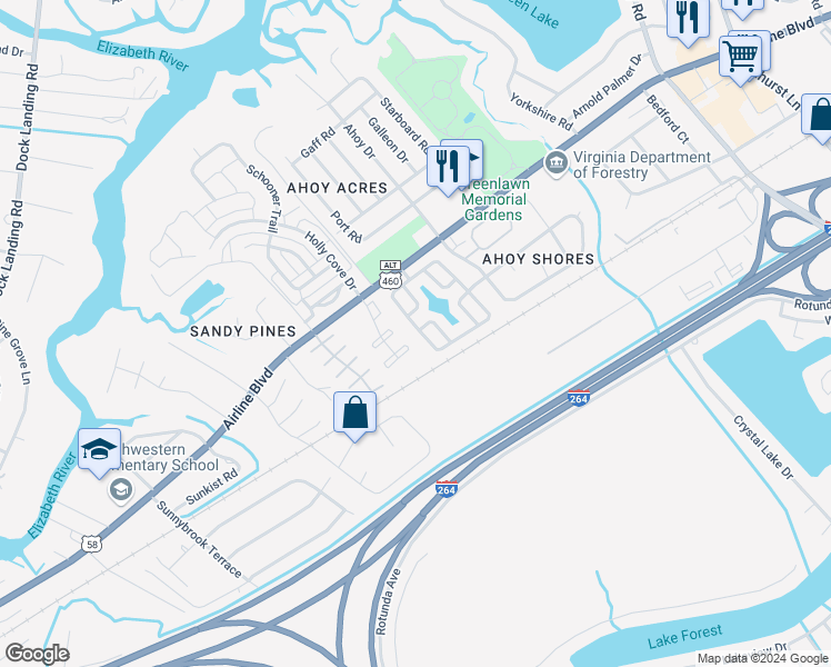 map of restaurants, bars, coffee shops, grocery stores, and more near 3940 River Breeze Circle in Chesapeake