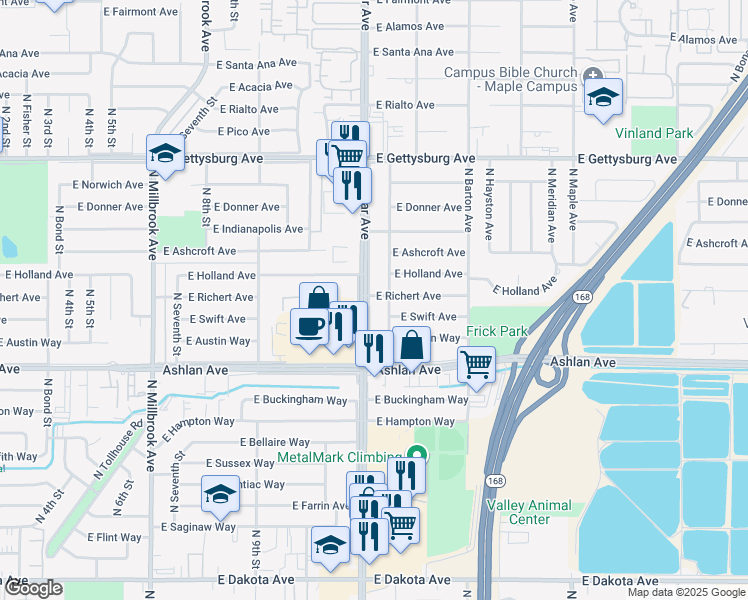 map of restaurants, bars, coffee shops, grocery stores, and more near 4332 North Cedar Avenue in Fresno