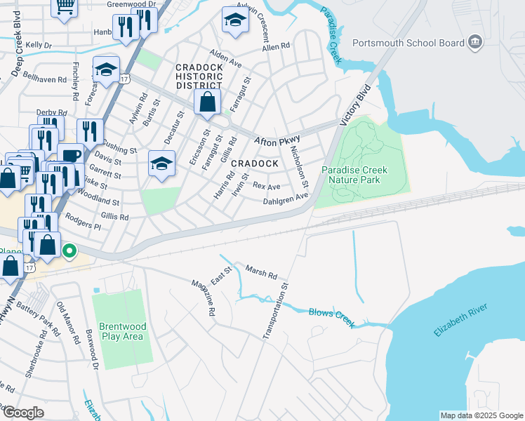 map of restaurants, bars, coffee shops, grocery stores, and more near 108 Dahlgren Avenue in Portsmouth