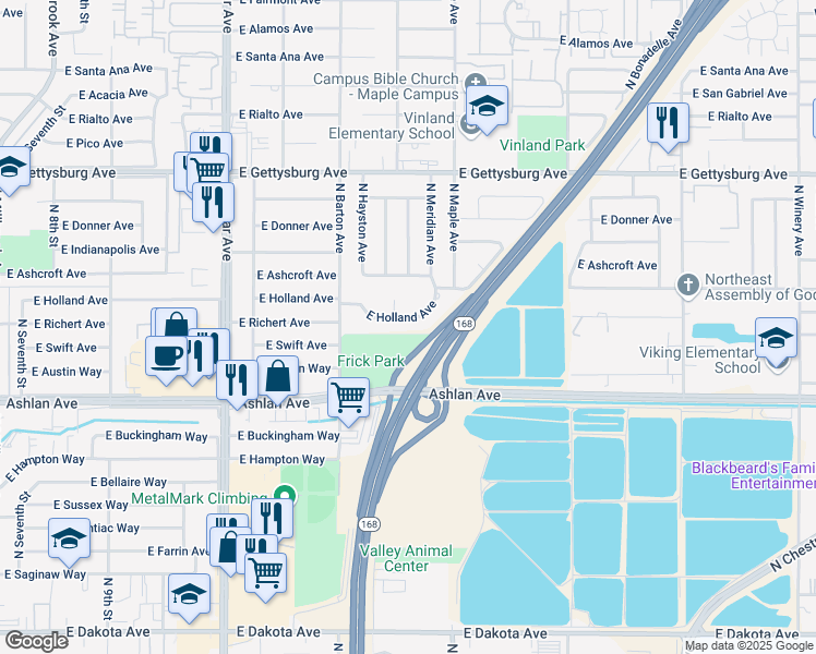 map of restaurants, bars, coffee shops, grocery stores, and more near 4570 East Holland Avenue in Fresno