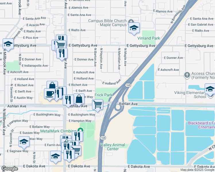 map of restaurants, bars, coffee shops, grocery stores, and more near 4544 E Holland Ave in Fresno