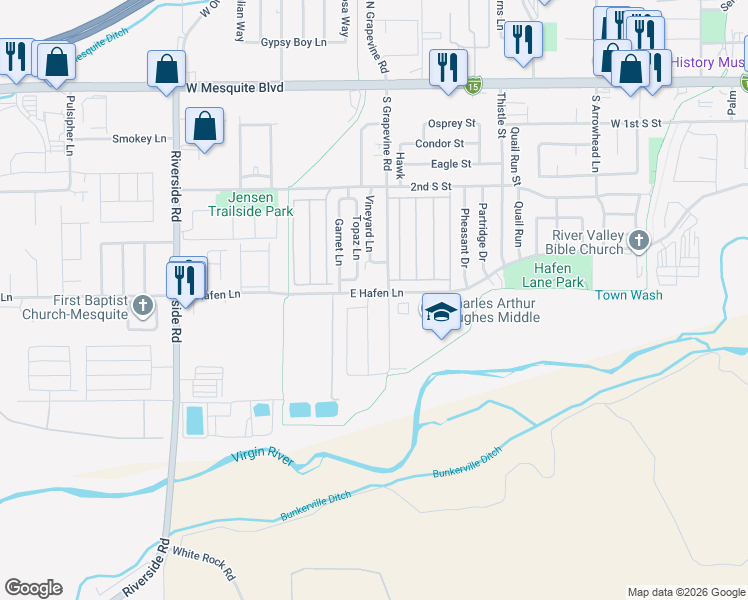 map of restaurants, bars, coffee shops, grocery stores, and more near 615 Oregon Trail in Mesquite