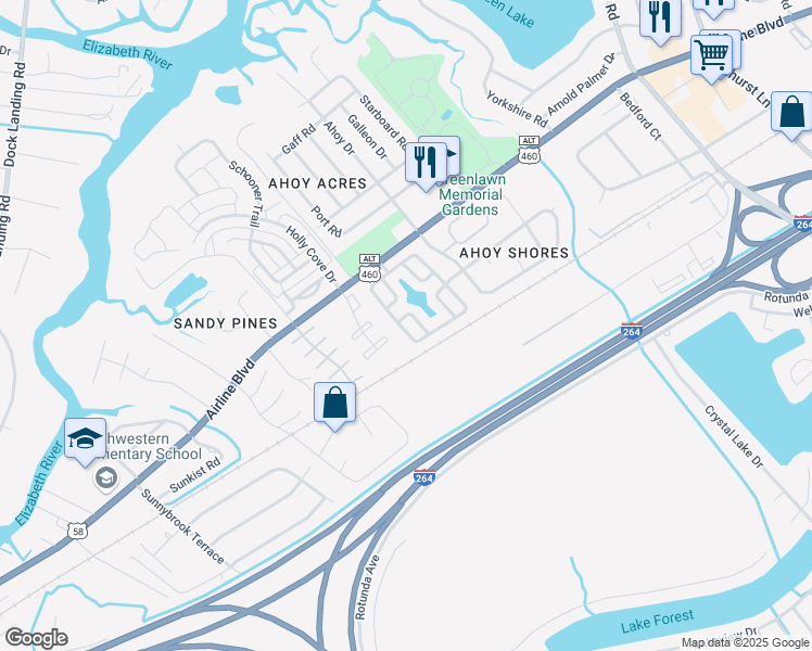 map of restaurants, bars, coffee shops, grocery stores, and more near 4003 River Breeze Circle in Chesapeake