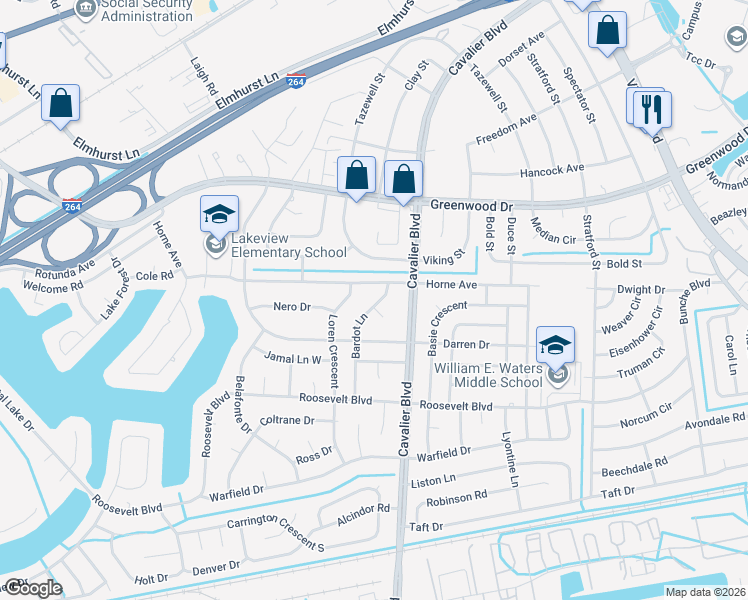 map of restaurants, bars, coffee shops, grocery stores, and more near 1404 Bardot Lane in Portsmouth