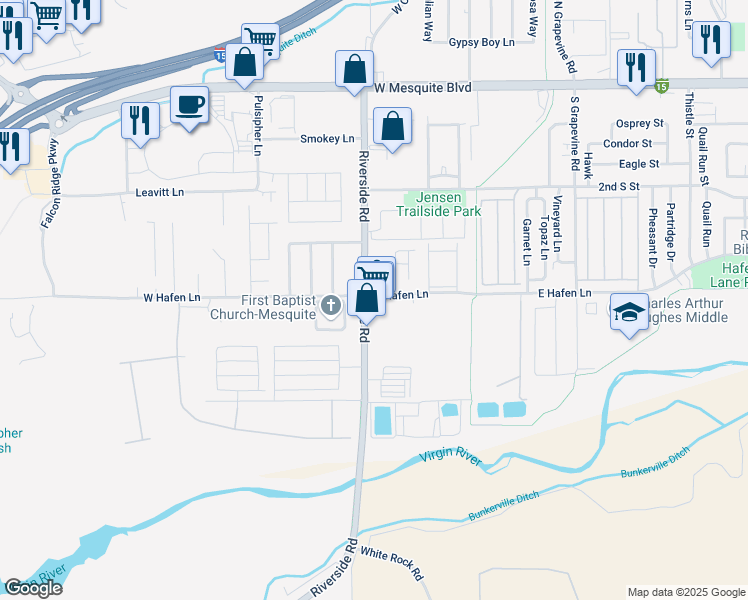 map of restaurants, bars, coffee shops, grocery stores, and more near 404 Riverside Road in Mesquite