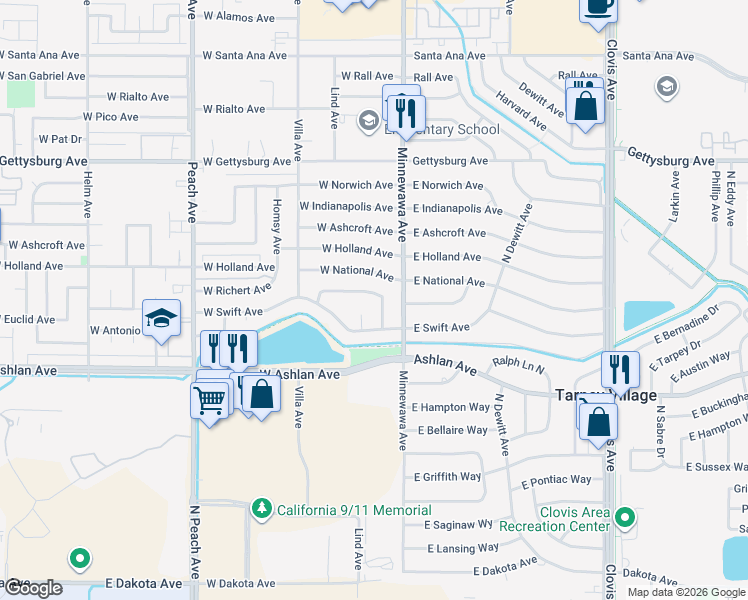 map of restaurants, bars, coffee shops, grocery stores, and more near 60 West Richert Avenue in Clovis