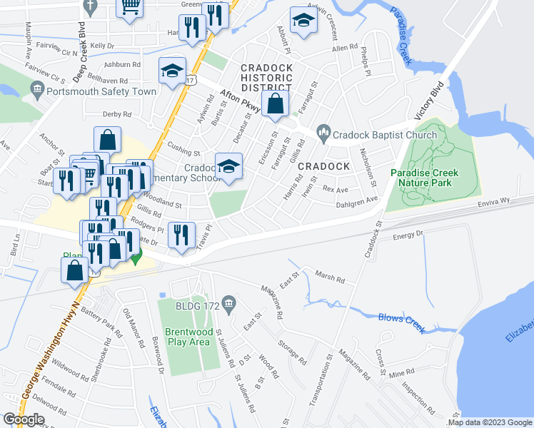map of restaurants, bars, coffee shops, grocery stores, and more near 8 Worden Place in Portsmouth