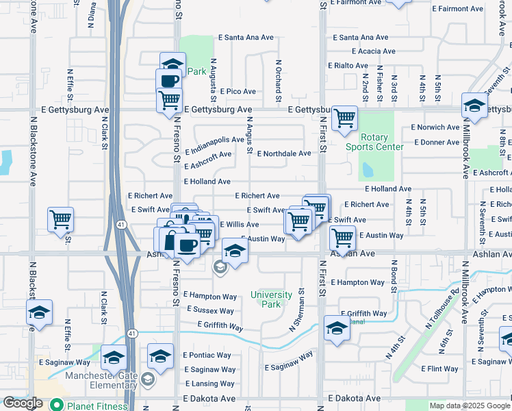 map of restaurants, bars, coffee shops, grocery stores, and more near 2911 East Swift Avenue in Fresno