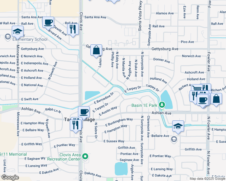 map of restaurants, bars, coffee shops, grocery stores, and more near 5707 East Bernadine Drive in Fresno