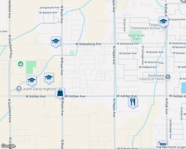 map of restaurants, bars, coffee shops, grocery stores, and more near 4241 North Hayes Avenue in Fresno