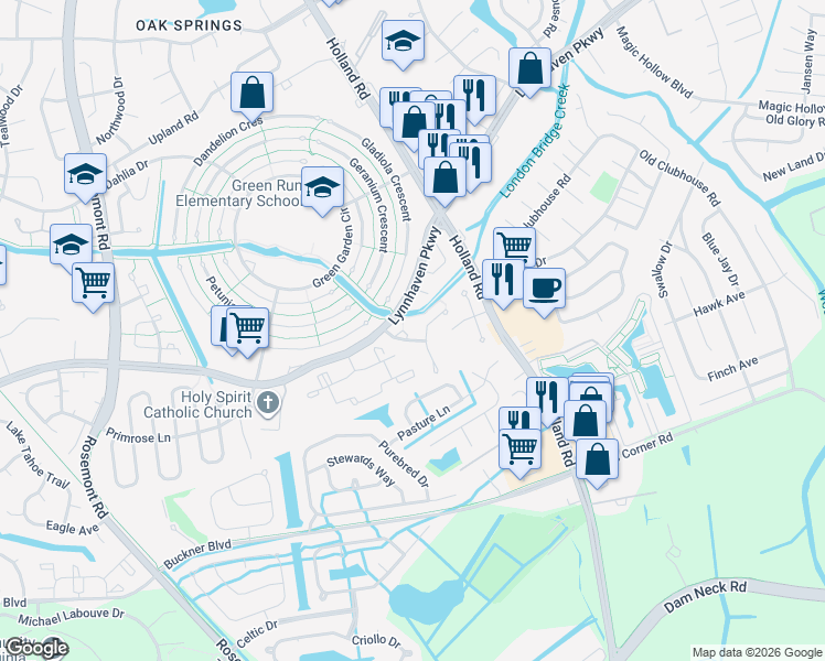 map of restaurants, bars, coffee shops, grocery stores, and more near 3416 Crimson Holly Court in Virginia Beach